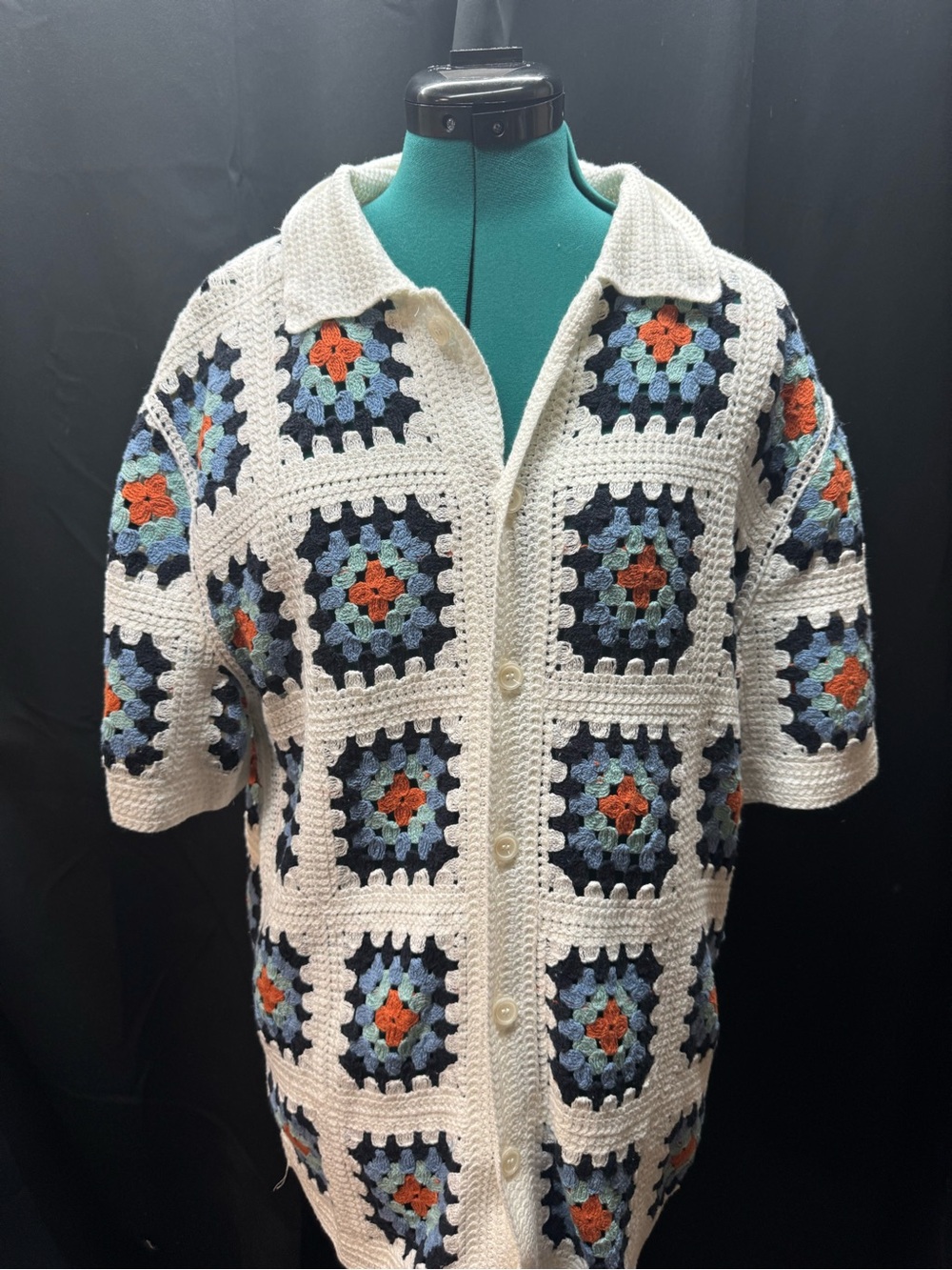Crochet Button-Down Shirt - Cream with Blue & Orange Accents